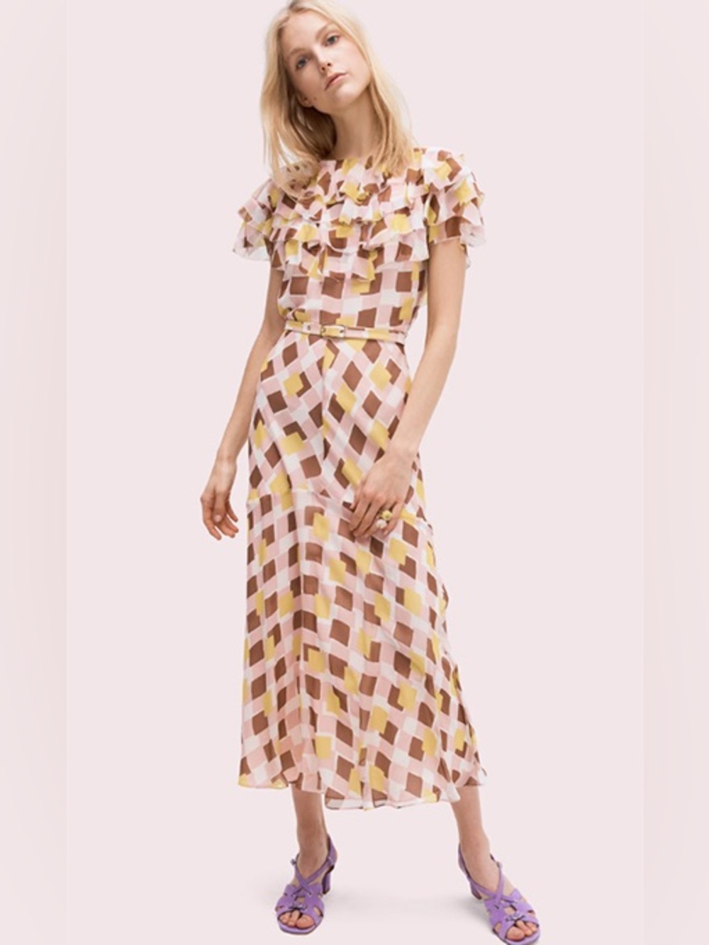 kate spade New York Geo Square Silk Ruffle Midi Dress